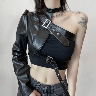 One-shoulder irregular leather jacket with adjustable buckle locomotive crop top