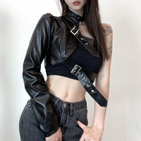 One-shoulder irregular leather jacket with adjustable buckle locomotive crop top - Thumbnail 1