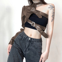 One-shoulder irregular leather jacket with adjustable buckle locomotive crop top - Thumbnail 2