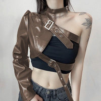 One-shoulder irregular leather jacket with adjustable buckle locomotive crop top - Thumbnail 4