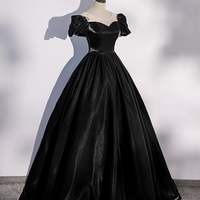 Black satin long prom dress A line evening gown - Thumbnail 3