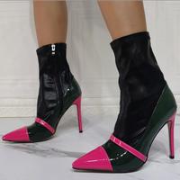 Fashion Patent Leather Stitching Stretch High-heeled Women's Short Boots - Thumbnail 4