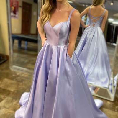 Simple a line v neck lavender satin long prom dress with pockets