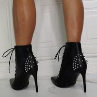 Black Lace-up Rivet Fashion High-heeled Women's Ankle Boots - Thumbnail 2