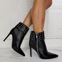 Black Lace-up Rivet Fashion High-heeled Women's Ankle Boots - Thumbnail 1