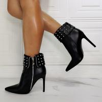 Black Lace-up Rivet Fashion High-heeled Women's Ankle Boots - Thumbnail 3