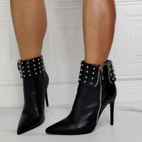 Black Lace-up Rivet Fashion High-heeled Women's Ankle Boots - Thumbnail 5