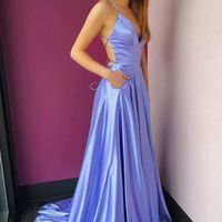 Sparkly A Line V Neck Lavender Satin Long Prom Dress with Pockets - Thumbnail 1