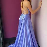 Sparkly A Line V Neck Lavender Satin Long Prom Dress with Pockets - Thumbnail 2