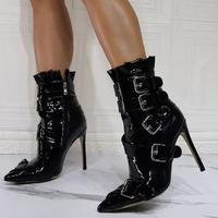 Black Patent Leather Belt Buckle High-heeled Women's Short Boots - Thumbnail 1