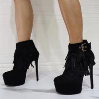 Black High-heeled Fleece Short Boots - Thumbnail 2