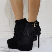 Black High-heeled Fleece Short Boots - Thumbnail 1