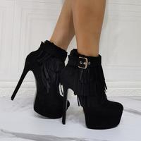 Black High-heeled Fleece Short Boots - Thumbnail 4