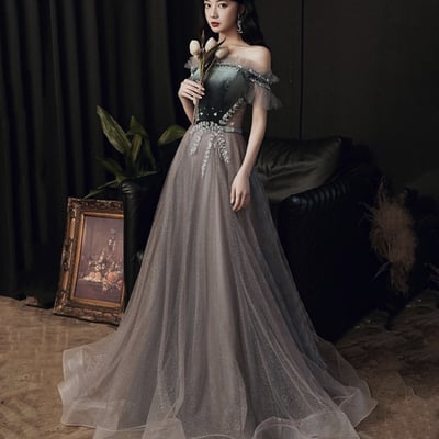 Cute tulle long prom dress a line evening dress - Thumbnail 3