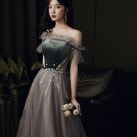 Cute tulle long prom dress A line evening dress - Thumbnail 1