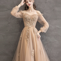 Elegant tulle lace long prom dress A line evening gown - Thumbnail 3