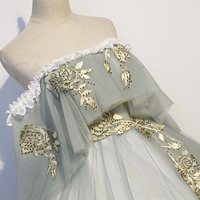 Green tulle lace long prom dress A line evening gown - Thumbnail 2