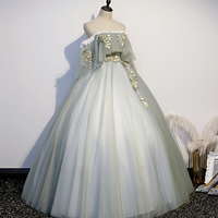 Green tulle lace long prom dress A line evening gown - Thumbnail 4