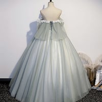Green tulle lace long prom dress A line evening gown - Thumbnail 5