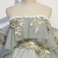 Green tulle lace long prom dress A line evening gown - Thumbnail 3