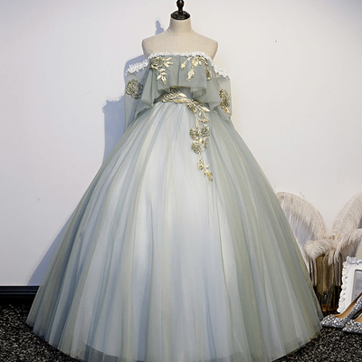 Green tulle lace long prom dress a line evening gown - Thumbnail 2