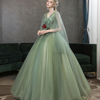 Green tulle lace long prom dress A line evening gown - Thumbnail 2