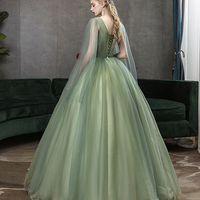 Green tulle lace long prom dress A line evening gown - Thumbnail 3