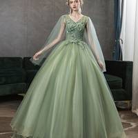 Green tulle lace long prom dress A line evening gown - Thumbnail 5