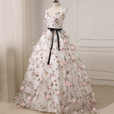 White tulle 3d floral long prom dress a line evening dress