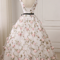 White tulle 3D floral long prom dress A line evening dress - Thumbnail 2