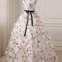 White tulle 3D floral long prom dress A line evening dress - Thumbnail 3