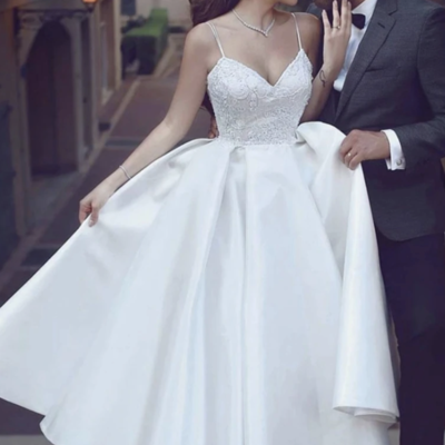 Ankle length wedding dresses bridal gown with lace appliques - Thumbnail 4