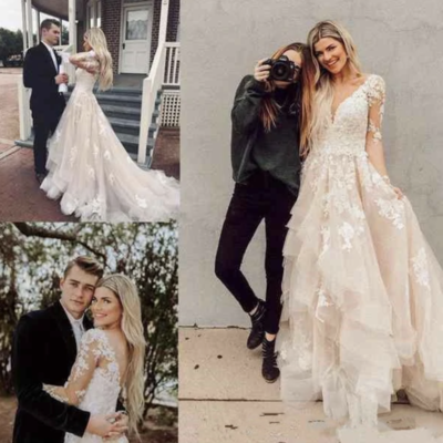 V neck wedding dresses bridal gown with full sleeves - Thumbnail 3