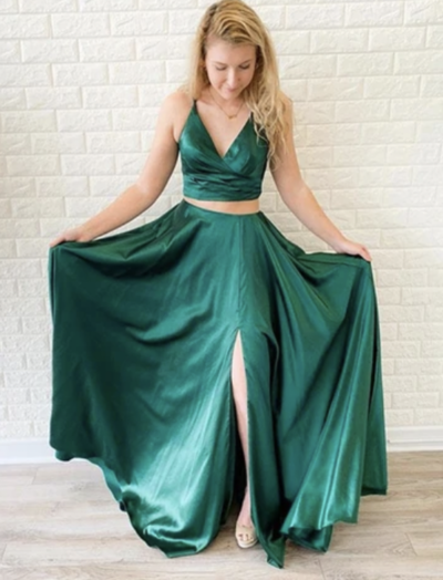 Two Piece Green Prom Dresses with Pockets