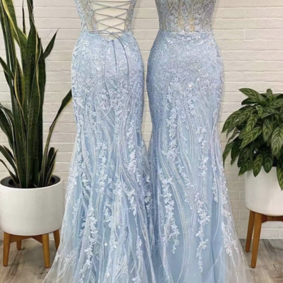 Elegant sky blue prom dresses with appliques lace - Thumbnail 3