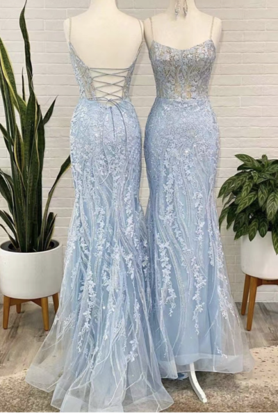 Elegant Sky Blue Prom Dresses with Appliques Lace