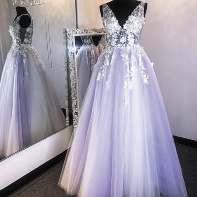 SP1949,Light purple tulle prom dress white applique v-neck long evening party dresses