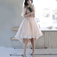 Pink tulle beads short prom dress homecoming dress - Thumbnail 1