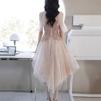 Pink tulle beads short prom dress homecoming dress - Thumbnail 4