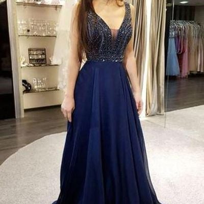 Sp1954,navy blue v-neck prom dress,open back beaded long evening party dresses - Thumbnail 3