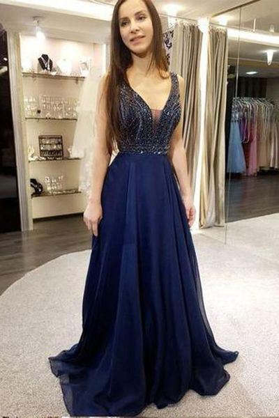 SP1954,Navy blue v-neck prom dress,open back beaded long evening party dresses