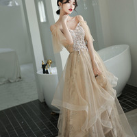Champagne tulle lace long prom dress A line evening dress - Thumbnail 3
