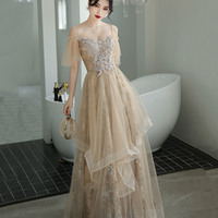 Champagne tulle lace long prom dress A line evening dress - Thumbnail 4