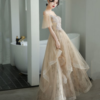 Champagne tulle lace long prom dress A line evening dress - Thumbnail 5