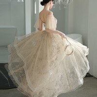 Champagne tulle lace long prom dress A line evening dress - Thumbnail 6