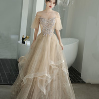 Champagne tulle lace long prom dress A line evening dress - Thumbnail 7