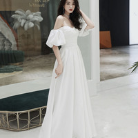 Simple A line long white prom dress white evening dress - Thumbnail 3