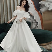 Simple A line long white prom dress white evening dress - Thumbnail 6