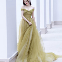 Cute tulle long prom dress A line evening gown - Thumbnail 1