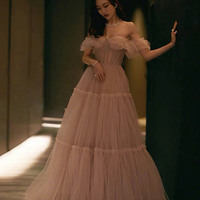 Pink tulle long prom dress A line evening dress - Thumbnail 1